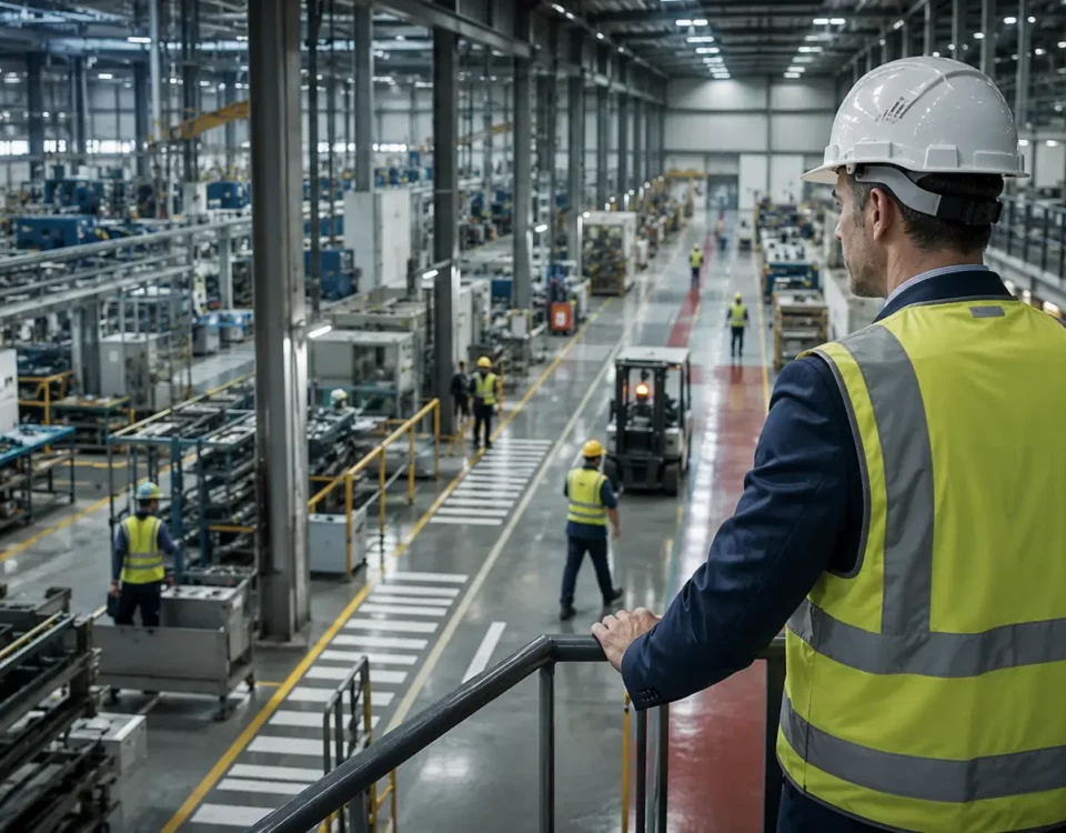 Responsabile della sicurezza osserva un impianto industriale con percorsi pedonali e aree di transito organizzate.