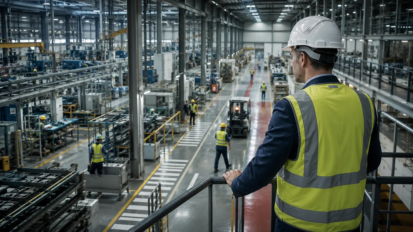 Responsabile della sicurezza osserva un impianto industriale con percorsi pedonali e aree di transito organizzate.